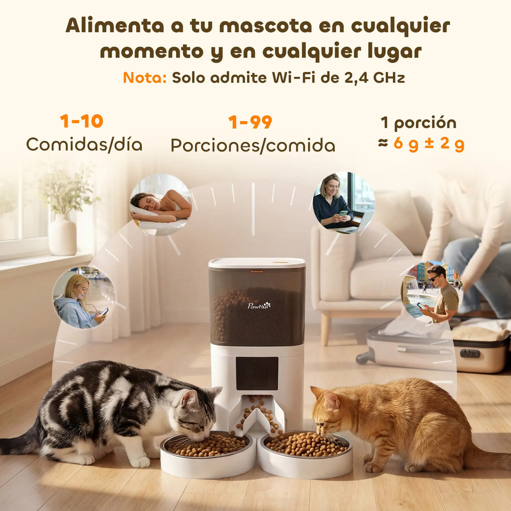Comedero Automático Inteligente WiFi 6L para Perros y Gatos | Control desde el Móvil, Doble Cuenco y Alimentación Programable