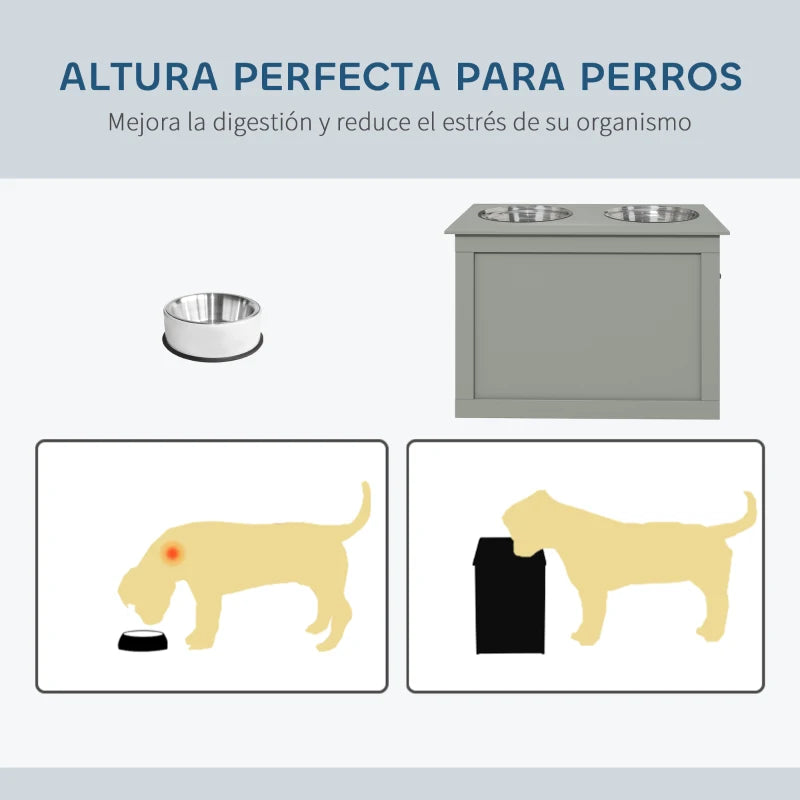 Comedero Elevado para Perros Grandes con Almacenamiento Oculto | 2 Cuencos de Acero Inoxidable de 2L | Disponible en Marrón, Gris y Blanco